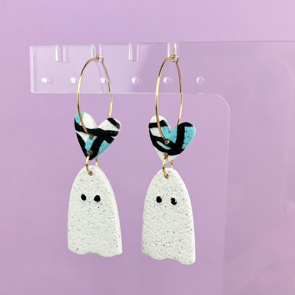 Abstract Heart with Ghosts Handmade Polymer Clay Dangle Hoop Earrings